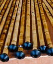 Handmade bamboo shrill pipes in display