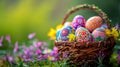 Handmade Basket with Dyed Easter Eggs and Flowers Royalty Free Stock Photo