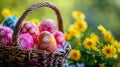 Handmade Basket with Dyed Easter Eggs and Flowers Royalty Free Stock Photo