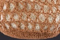 Handmade beige string bag on gray background. Close-up. Raffia bag. Royalty Free Stock Photo