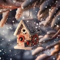 Handmade birdhouse on a Christmas tree covered with snow in winter