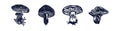 Handmade blockprint mushroom vector motif clipart set in folkart scandi style. Simple monochrome linocut fungi shapes