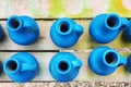 Handmade blue  pitchers on a wooden table. Top view. Close-up Royalty Free Stock Photo