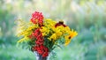 Handmade bouquet of wildflowers. Rowan berries on branch, goldenrog plant and tansy flowers. Floral composition in transparent