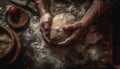Handmade bread preparation on rustic wooden table with homemade dough generated by AI Royalty Free Stock Photo