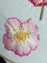 Handmade brooch embroidered with spring flowers - pink wild rose Royalty Free Stock Photo