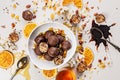 Handmade candy with honey, raisins, candied orange fruits and peanuts in chocolate. Sweets made from natural organic ingredients Royalty Free Stock Photo