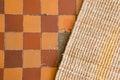 Handmade carpet on tiled checkered floor, carpet on the floor Royalty Free Stock Photo