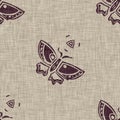 Handmade carved linen block print butterfly seamless pattern. Rustic babies silhouette illustration background. Modern