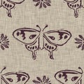 Handmade carved linen block print butterfly seamless pattern. Rustic babies silhouette illustration background. Modern