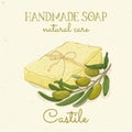 Handmade castile soap. Olive soap. Vector hand drawn illustration. Isolated, with flowers lavander and lettering.