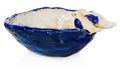 Handmade ceramic bowl with two birds in love on the edge of the dish. The cup in color blue, navy blue, white, yellow, cream.