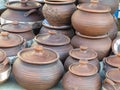 Handmade ceramic clay brown pottery, souvenirs at handicraft mar