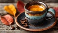 Handmade ceramic cup of coffee with coffee beans on rustic wooden table with fall leaves Royalty Free Stock Photo
