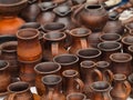 Handmade ceramic cups. Clay jugs and mug. Royalty Free Stock Photo