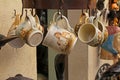 Handmade ceramic mugs on street market in Besalu