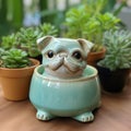 Handmade Ceramic Pug Dog Planter With Glazed China Finish