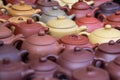 Handmade ceramic teapots for sale on am amtique market Royalty Free Stock Photo