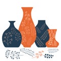 Handmade ceramics, ceramic vases and pots with a Botanical pattern. Pottery hobby. Flat vector illustration