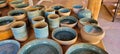 handmade ceramics of colored cups, plates and vases Royalty Free Stock Photo