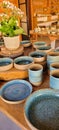 handmade ceramics of colored cups, plates and vases Royalty Free Stock Photo