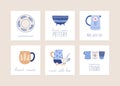 Handmade ceramics flat vector illustration set. Porcelain dishware collection. Decorative pottery workshop social media Royalty Free Stock Photo