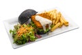 Handmade Cheese Patty burger with fries and salad served in dish isolated on plain white background side view of fastfood