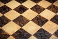 Handmade chessboard, close-up, side view, beautiful drawing on wood