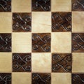 Handmade chessboard, close-up, top view, beautiful drawing on wood