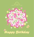 Handmade childish greeting card with birthday bouquet with daisy and pink hearts