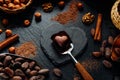 Handmade chocolate candy in hert shape inside of candy wrapper . Chocolate candy on spatula and blackstone stand in heart shape