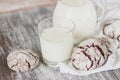 Handmade chocolate cookies, glass and jug with milk, blurred background