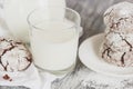 Handmade chocolate cookies, glass and jug with milk, blurred background