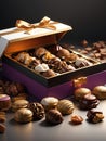 handmade chocolates in a square box and coffee beans around