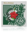 Handmade Christmas card with Merry Christmas greetings and poinsettia, candle, bells. Royalty Free Stock Photo