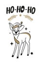 Handmade Christmas cards with a lettering deer, a fir branch, stars. Fashionable postcards in black and gold color.