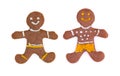 Handmade Christmas cookies. Pair of gingerbread people isolated on a white background