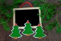 handmade christmas decoration christmas trees from felt with red stars and black chalkboard