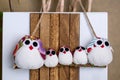 Handmade Christmas Novelty Family Of Five Owls Ornament Decoration Wall Or Door Hanger On Wooden Background Handcrafted From Fill