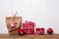 Handmade christmas presents wrapped in paper with red white chec Royalty Free Stock Photo