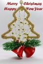 Handmade Christmas Tree With Red Bells. greeting card Royalty Free Stock Photo