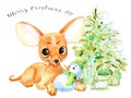 Handmade christmas watercolor card with chihuahua dog.