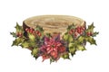 Handmade Christmas Wooden decoration with wood slice and poinsettia flowers and leaves. Rustic watercolor illustration Royalty Free Stock Photo