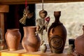 Handmade clay jugs on the counter Royalty Free Stock Photo