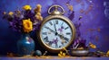 handmade clock and colorful potteries with flowers with vibrant colors Royalty Free Stock Photo