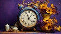 handmade clock and colorful potteries with flowers with vibrant colors Royalty Free Stock Photo