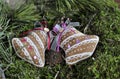 Handmade coffee Christmas bells on spruce branches on a green background, top view