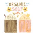 Handmade cold process soap with lettering on brown background