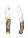 Hand painted drawing of contemporary fixed blade hunting knives with color pencils