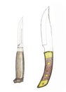Hand painted drawing of contemporary fixed blade knives and daggers with color pencils